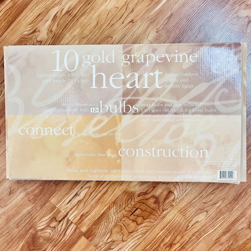 10 Gold Grapevine Heart String Lights Patio Bedroom 15’L Indoor Outdoor